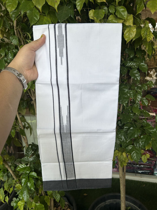 20% Discount ! Kaitharikada Balaramapuram 100% Cotton Pure White Double Mundu/Dothi - 100x80 - 1.5 inch Black Stripes Design Kara 3.80 mtr (8 muzham) - 22 KK5319 THI
