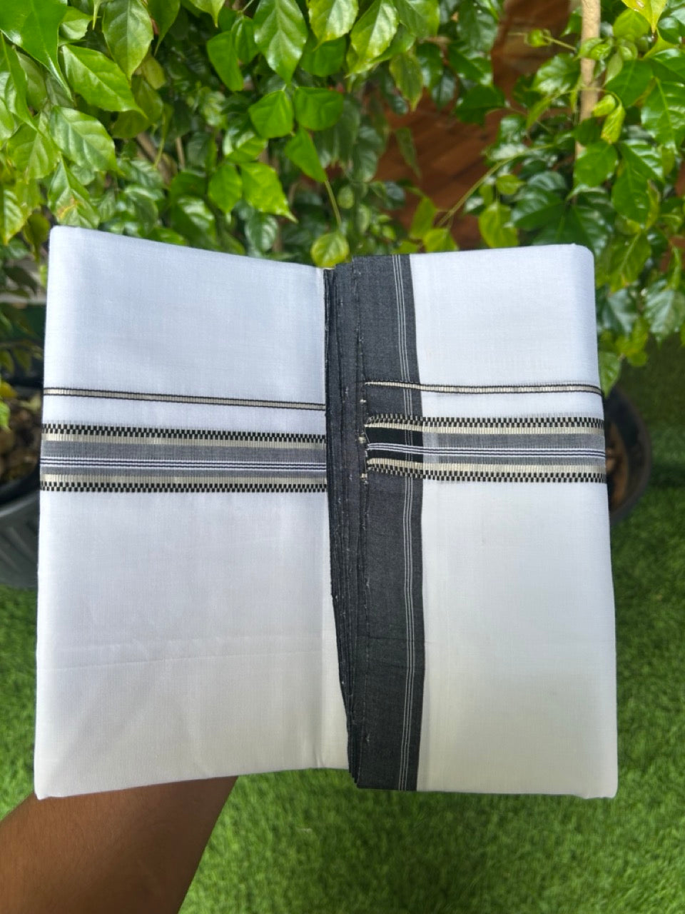 25% Discount!! NEW ULTRA PURE WHITE HANDLOOM Balaramapuram - 100% Mercerised Cotton Double Mundu/Dhoti - 120 twisted warp x 80s weft - 1 inch Silver Kasavu & Black Striped Design Kara- 5KK5209 REA