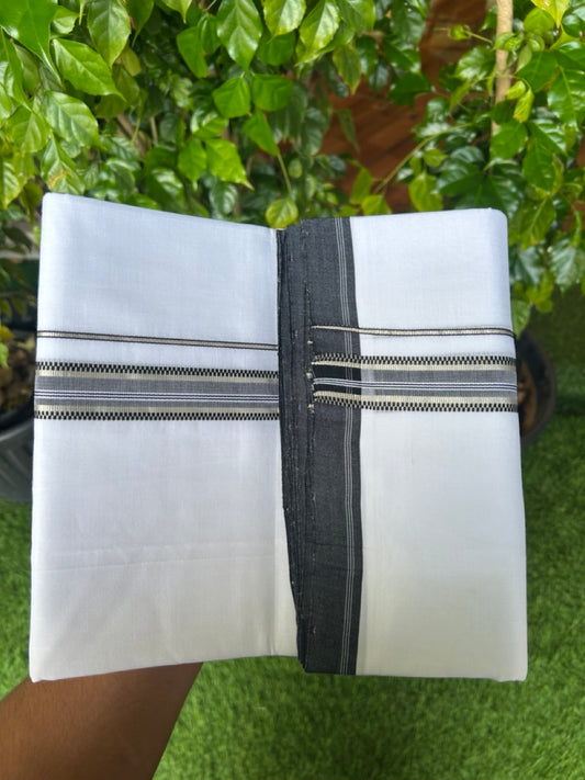 25% Discount!! NEW ULTRA PURE WHITE HANDLOOM Balaramapuram - 100% Mercerised Cotton Double Mundu/Dhoti - 120 twisted warp x 80s weft - 1 inch Silver Kasavu & Black Striped Design Kara- 5KK5209 REA