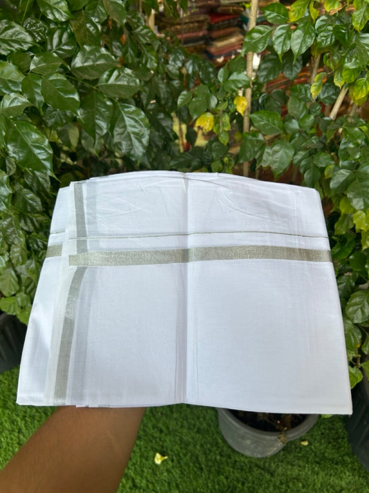 20% Discount! KaithariKada Balaramapuram 100% Cotton Double Pure White Mundu/Dhoti - 100x80 - 1.5 cm Silver Kasavu Kara - 3.90 Mtr (8 Muzham) - 4 KK5282 PMC