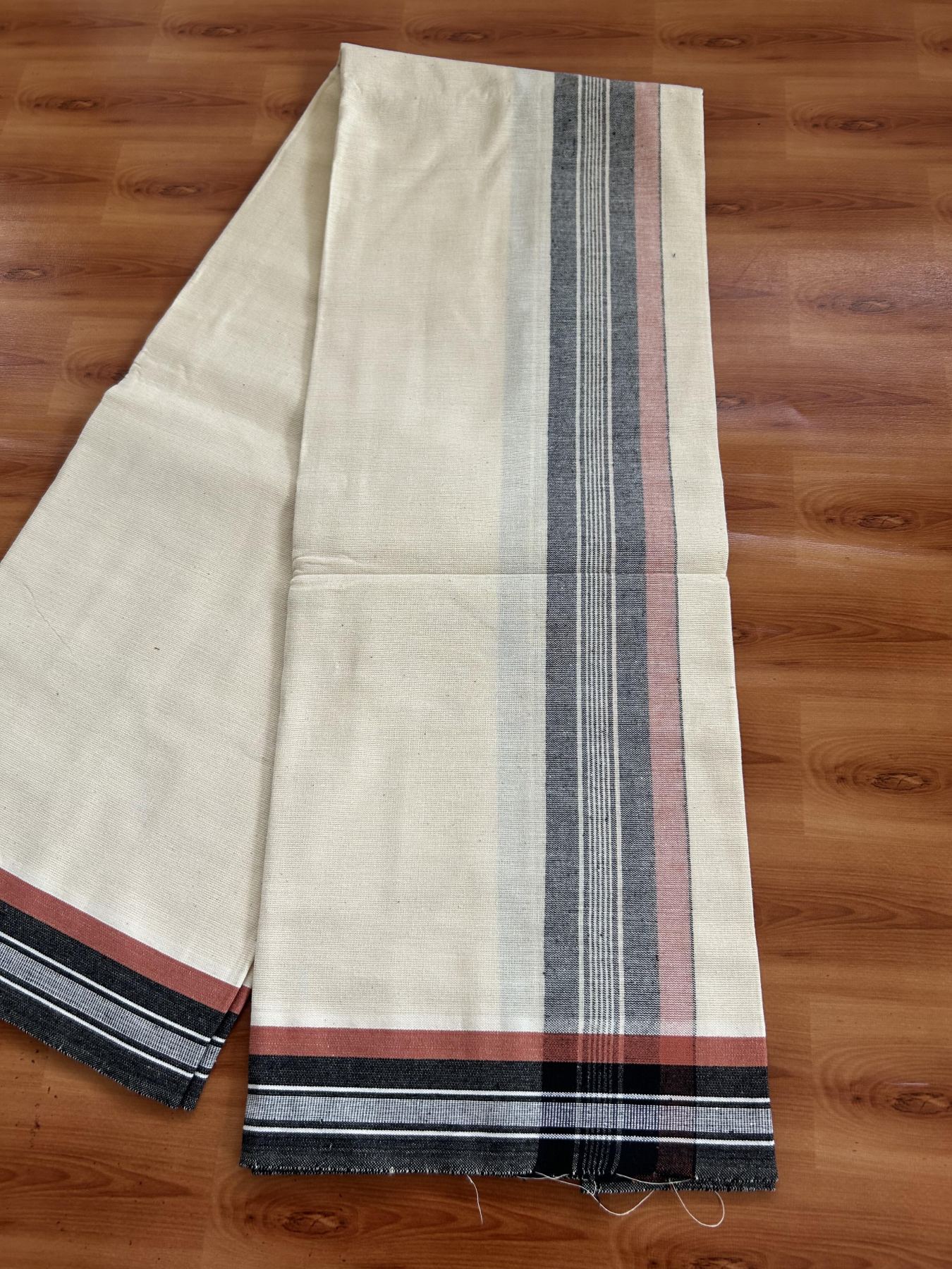 Kaitharikada - Pure Cotton Single Off White - (Unbleached) Kaily / Lungi -2/ 60s - 2.75 Inch Black & Brownish Orange Striped  Kara with Off White colour body (2 meter / 4 muzham)- 10 KK8053 KUT