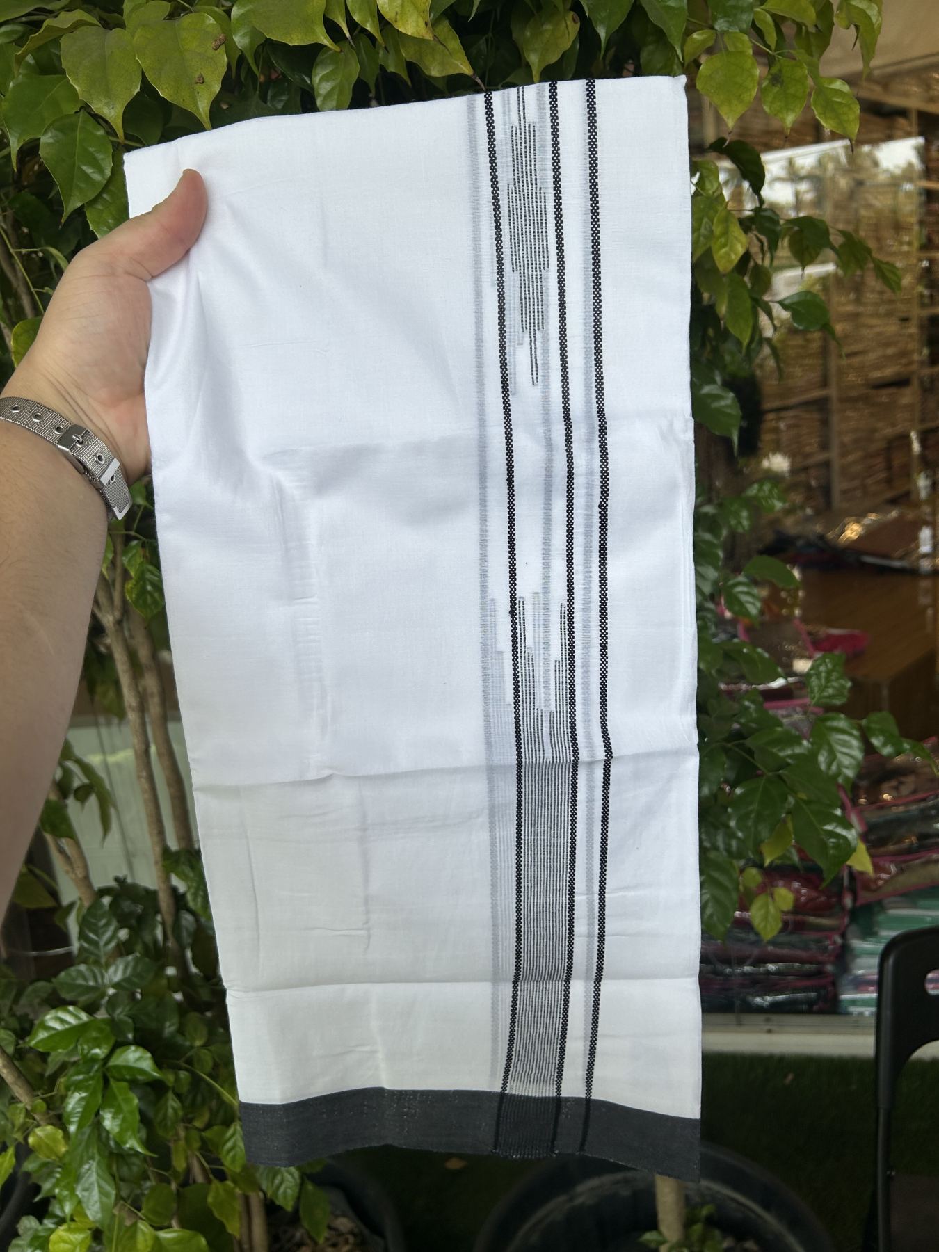 20% Discount ! Kaitharikada Balaramapuram 100% Cotton Pure White Double Mundu/Dothi - 100x80 - 1.5 inch Ash Black Stripes Design Chutty Kara 3.80 mtr (8 muzham) - 24 KK5319 THI