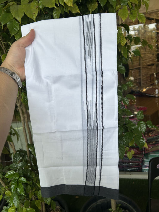 20% Discount ! Kaitharikada Balaramapuram 100% Cotton Pure White Double Mundu/Dothi - 100x80 - 1.5 inch Ash Black Stripes Design Chutty Kara 3.80 mtr (8 muzham) - 24 KK5319 THI