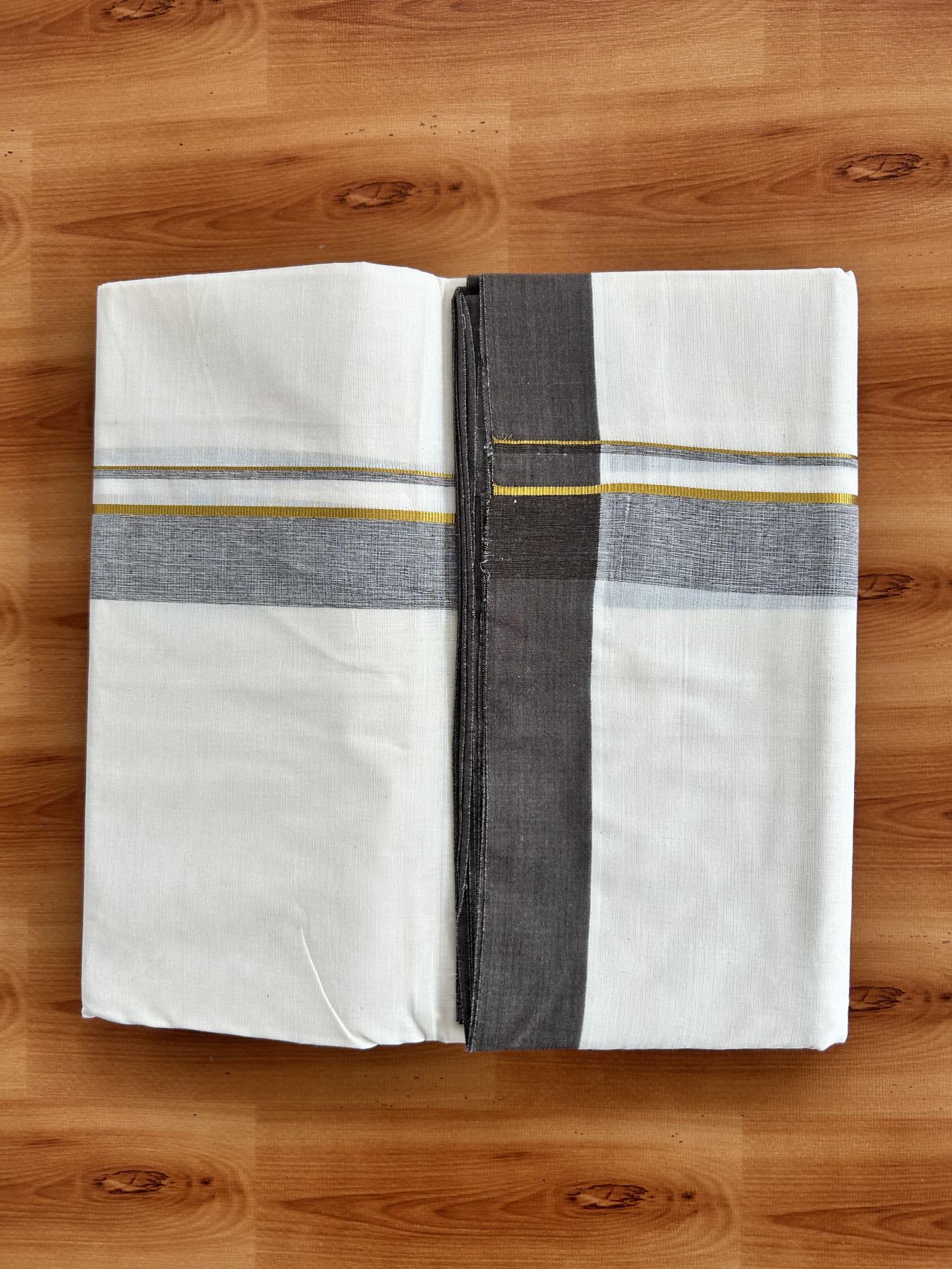 Double Off White (Unbleached) Mundu/Dhoti - 20% Discount! Kaitharikada Pure Cotton - 80x80 - 1.25 Inch Gold Kasav & Brown Shaded Kara 4 mtr (8.5 muzham) - 14 KK5465 MRH