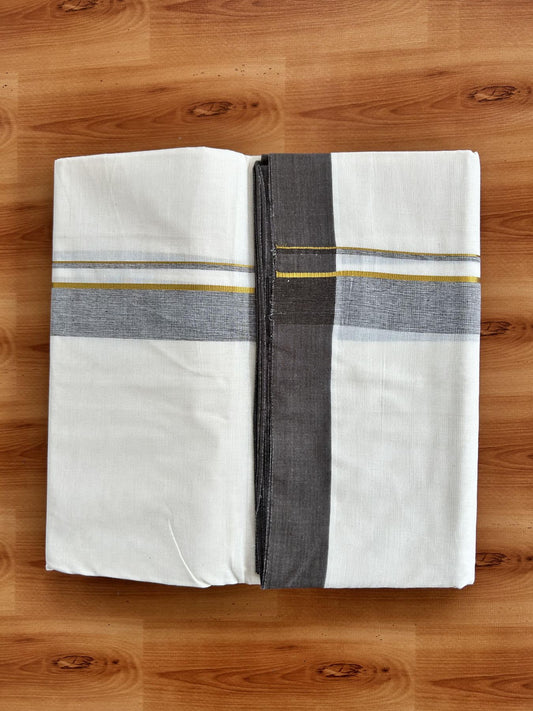 Double Off White (Unbleached) Mundu/Dhoti - 20% Discount! Kaitharikada Pure Cotton - 80x80 - 1.25 Inch Gold Kasav & Brown Shaded Kara 4 mtr (8.5 muzham) - 14 KK5465 MRH