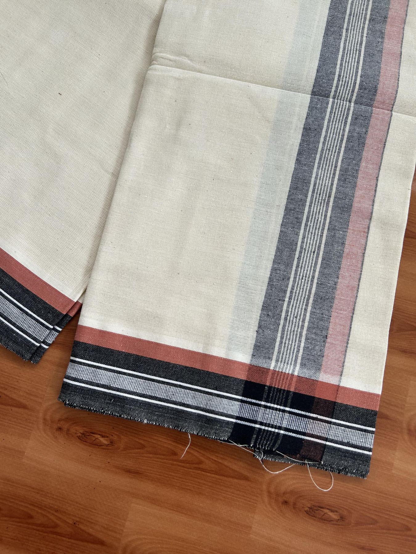 Kaitharikada - Pure Cotton Single Off White - (Unbleached) Kaily / Lungi -2/ 60s - 2.75 Inch Black & Brownish Orange Striped  Kara with Off White colour body (2 meter / 4 muzham)- 10 KK8053 KUT