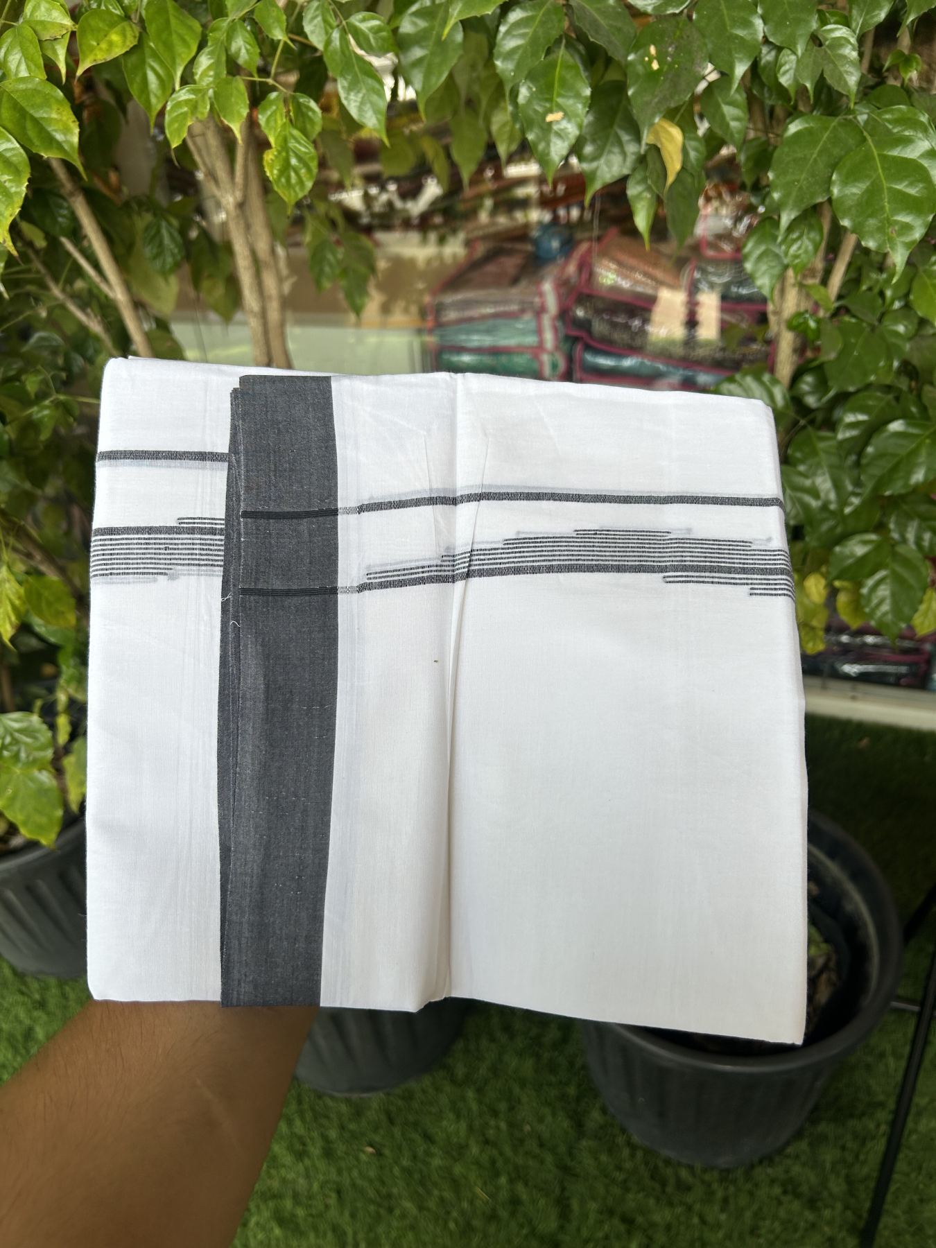20% Discount ! Kaitharikada Balaramapuram 100% Cotton Pure White Double Mundu/Dothi - 100x80 - 0.75 inch Black Stripes Design Kara 3.80 mtr (8 muzham) - 34 KK5319 THI