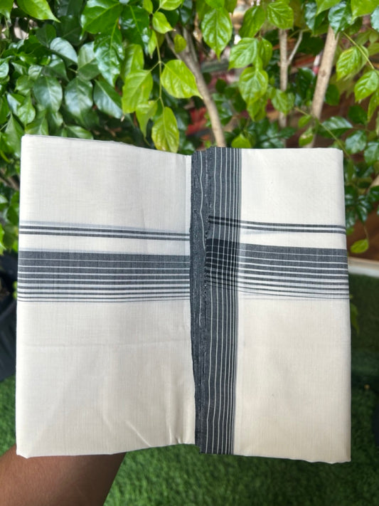 25% DISCOUNT!! KaithariKada HANDLOOM  UNAKKUPAAV Balaramapuram - 100% PURE Cotton OFF White - (Unbleached) Double Mundu/Dothi - 80X100 - 1.5 inch Black Striped Kara 3.80 meter (8.5 Muzham) - 18KK5209 REA