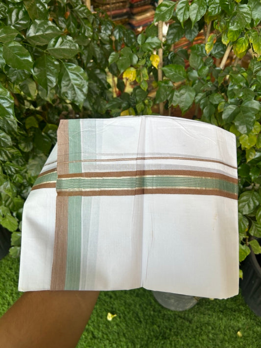 20% Discount ! KaithariKada Balaramapuram Double Pure White Mundu/Dhoti- 100x80 - 1.5 inch Silver Kasavu Brown & Pastel Teal striped kara 3.90 Mtr (8 Muzham) - 12 KK5282 PMC