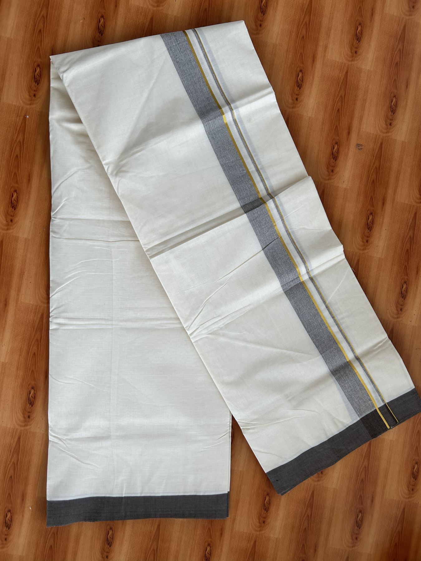 Double Off White (Unbleached) Mundu/Dhoti - 20% Discount! Kaitharikada Pure Cotton - 80x80 - 1.25 Inch Gold Kasav & Brown Shaded Kara 4 mtr (8.5 muzham) - 14 KK5465 MRH