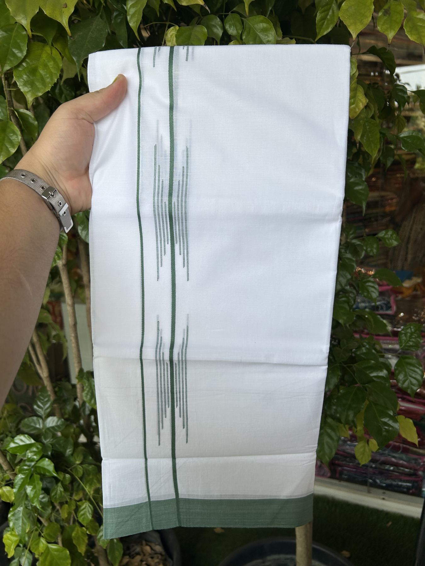 20% Discount ! Kaitharikada Balaramapuram 100% Cotton Pure White Double Mundu/Dothi - 100x80 - 1.5 inch Light Teal Green Stripes Design Kara 3.80 mtr (8 muzham) - 13 KK5319 THI