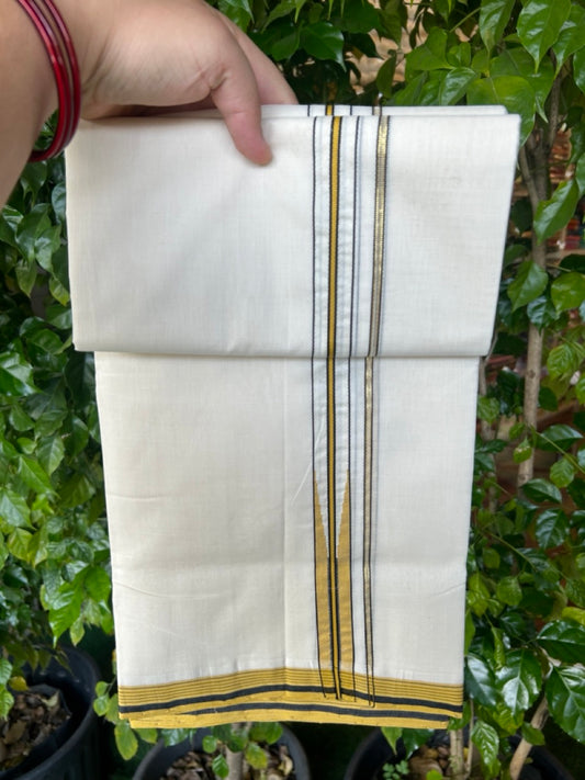 25% DISCOUNT!! KaithariKada HANDLOOM  UNAKKUPAAV Balaramapuram - 100% PURE Cotton OFF White - (Unbleached) Double Mundu/Dothi - 80X100 - 0.75 inch Pure JERRY Puliyilakkara Black & Yellow striped chutty Kara 3.80 meter (8.5 Muzham) - 16KK5209 REA