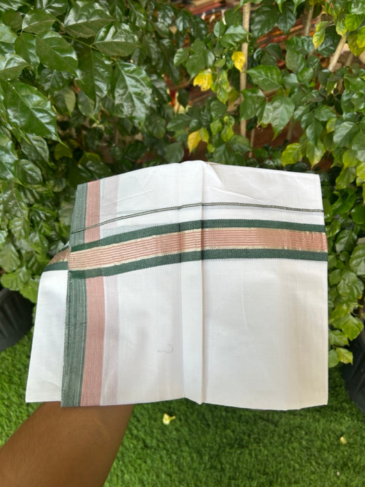 20% Discount ! KaithariKada Balaramapuram Double Pure White Mundu/Dhoti- 100x80 - 1.5 inch Silver Kasavu Green & Dusty Rose striped kara 3.90 Mtr (8 Muzham) - 11 KK5282 PMC