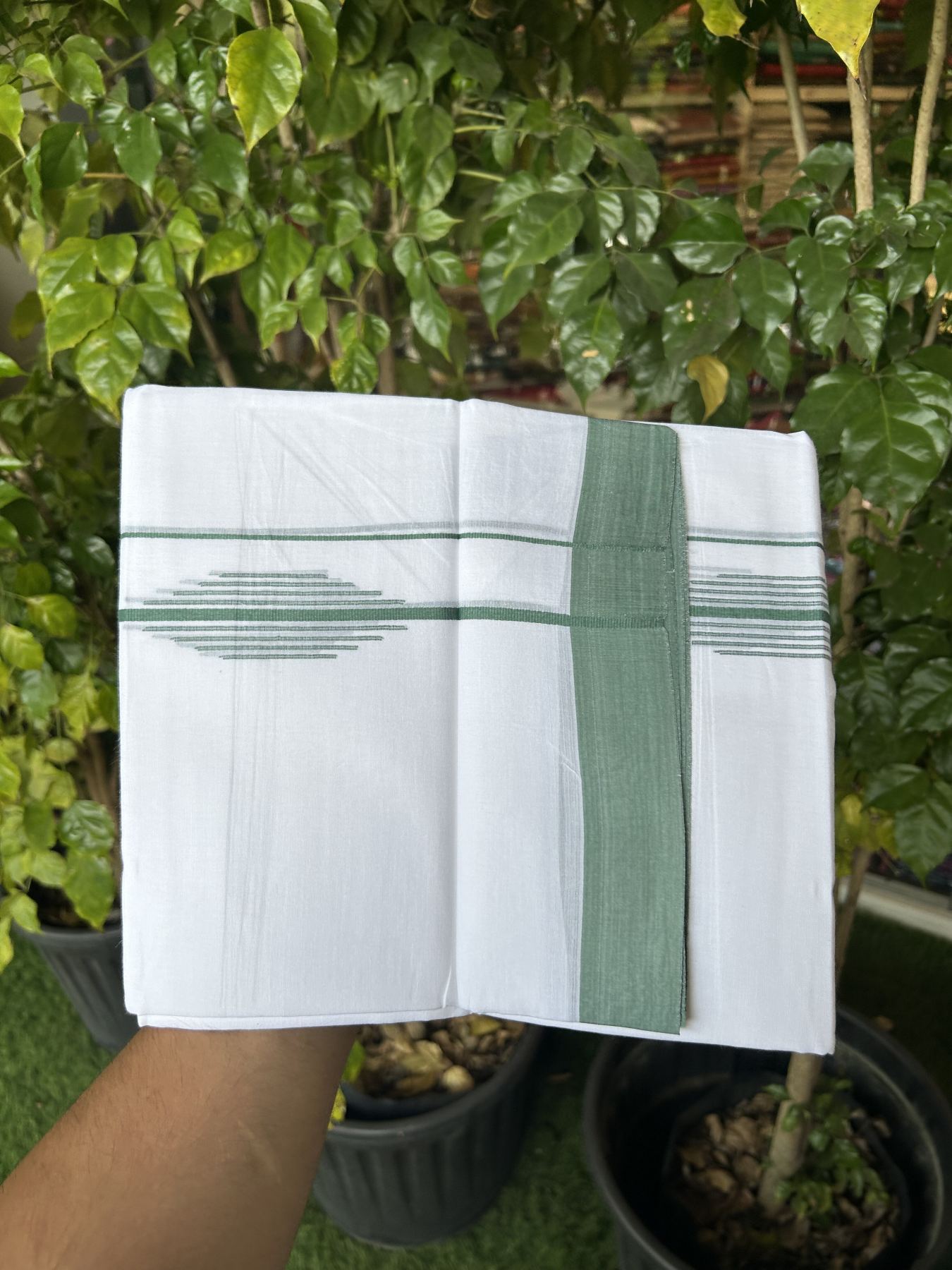 20% Discount ! Kaitharikada Balaramapuram 100% Cotton Pure White Double Mundu/Dothi - 100x80 - 1.5 inch Teal Green Stripes Design Kara 3.80 mtr (8 muzham) - 40 KK5319 THI