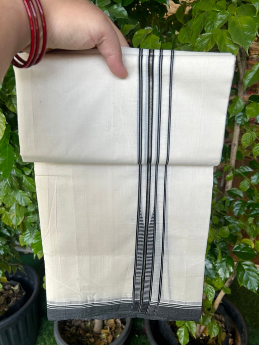 25% DISCOUNT!! KaithariKada HANDLOOM  UNAKKUPAAV Balaramapuram - 100% PURE Cotton OFF White - (Unbleached) Double Mundu/Dothi - 80X100 - 1 inch Pure Silver Kasavu Puliyilakkara Black striped chutty Kara 3.80 meter (8.5 Muzham) - 17KK5209 REA