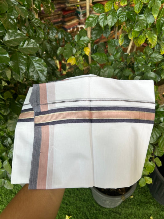 20% Discount ! KaithariKada Balaramapuram Double Pure White Mundu/Dhoti- 100x80 - 1.5 inch Silver Kasavu Navy Blue & Dusty Rose striped kara 3.90 Mtr (8 Muzham) - 9 KK5282 PMC