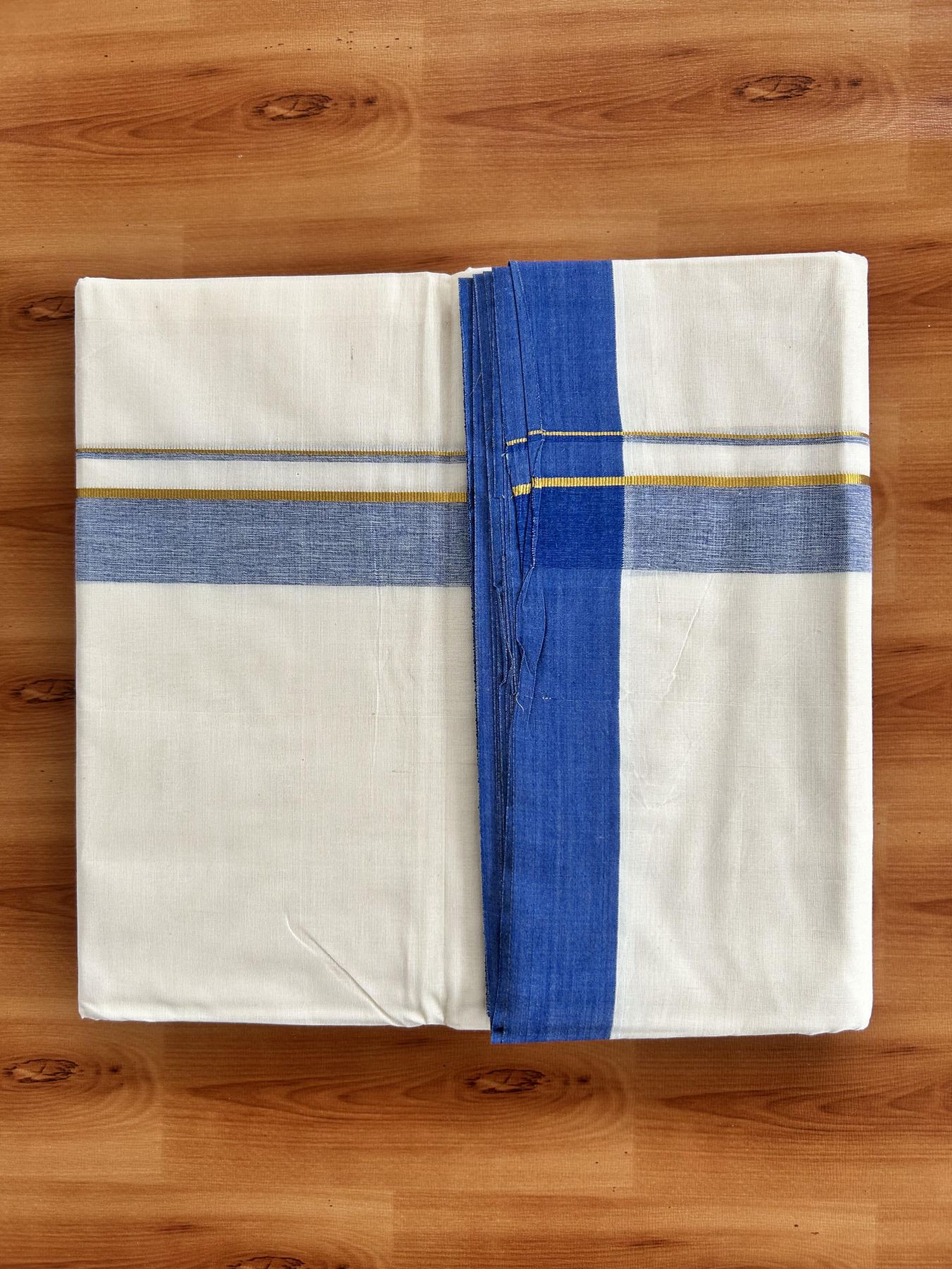 Double Off White (Unbleached) Mundu/Dhoti - 20% Discount! Kaitharikada Pure Cotton - 80x80 - 1.25 Inch Gold Kasav & Blue Shaded Kara 4 mtr (8.5 muzham) - 10 KK5465 MRH