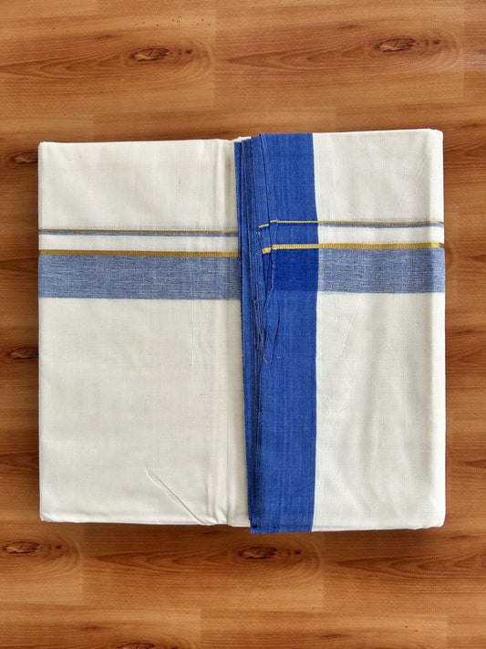 Double Off White (Unbleached) Mundu/Dhoti - 20% Discount! Kaitharikada Pure Cotton - 80x80 - 1.25 Inch Gold Kasav & Blue Shaded Kara 4 mtr (8.5 muzham) - 10 KK5465 MRH