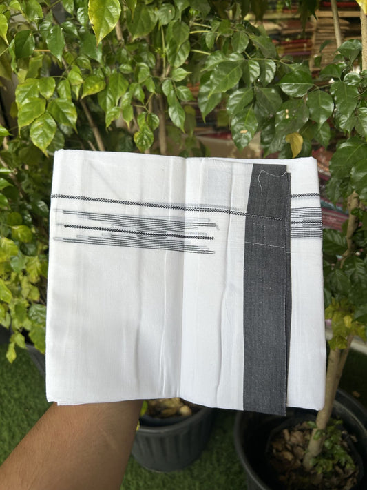 20% Discount ! Kaitharikada Balaramapuram 100% Cotton Pure White Double Mundu/Dothi - 100x80 - 1.5 inch Black Stripes Design Kara 3.80 mtr (8 muzham) - 19 KK5319 THI