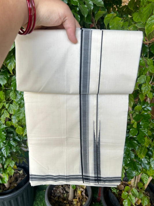 25% DISCOUNT!! KaithariKada HANDLOOM  UNAKKUPAAV Balaramapuram - 100% PURE Cotton OFF White - (Unbleached) Double Mundu/Dothi - 80X100 - 0.75 inch Puliyilakkara Black Striped chutty - 19KK5209 REA