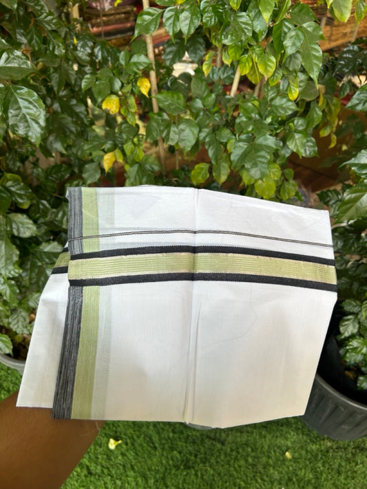 20% Discount ! KaithariKada Balaramapuram Double Pure White Mundu/Dhoti- 100x80 - 1.5 inch Silver Kasavu Black & Pista Green striped kara 3.90 Mtr (8 Muzham) - 10 KK5282 PMC