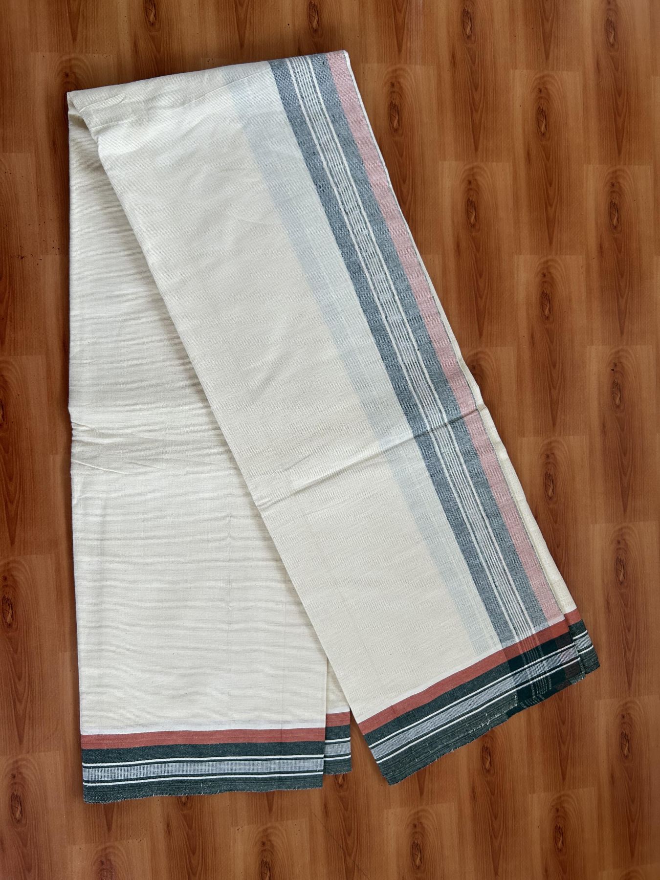 Kaitharikada - Pure Cotton Single Off White - (Unbleached) Kaily / Lungi -2/ 60s - 2.75 Inch Dark Green & Brownish Orange Striped  Kara with Off White colour body (2 meter / 4 muzham)- 9 KK8053 KUT