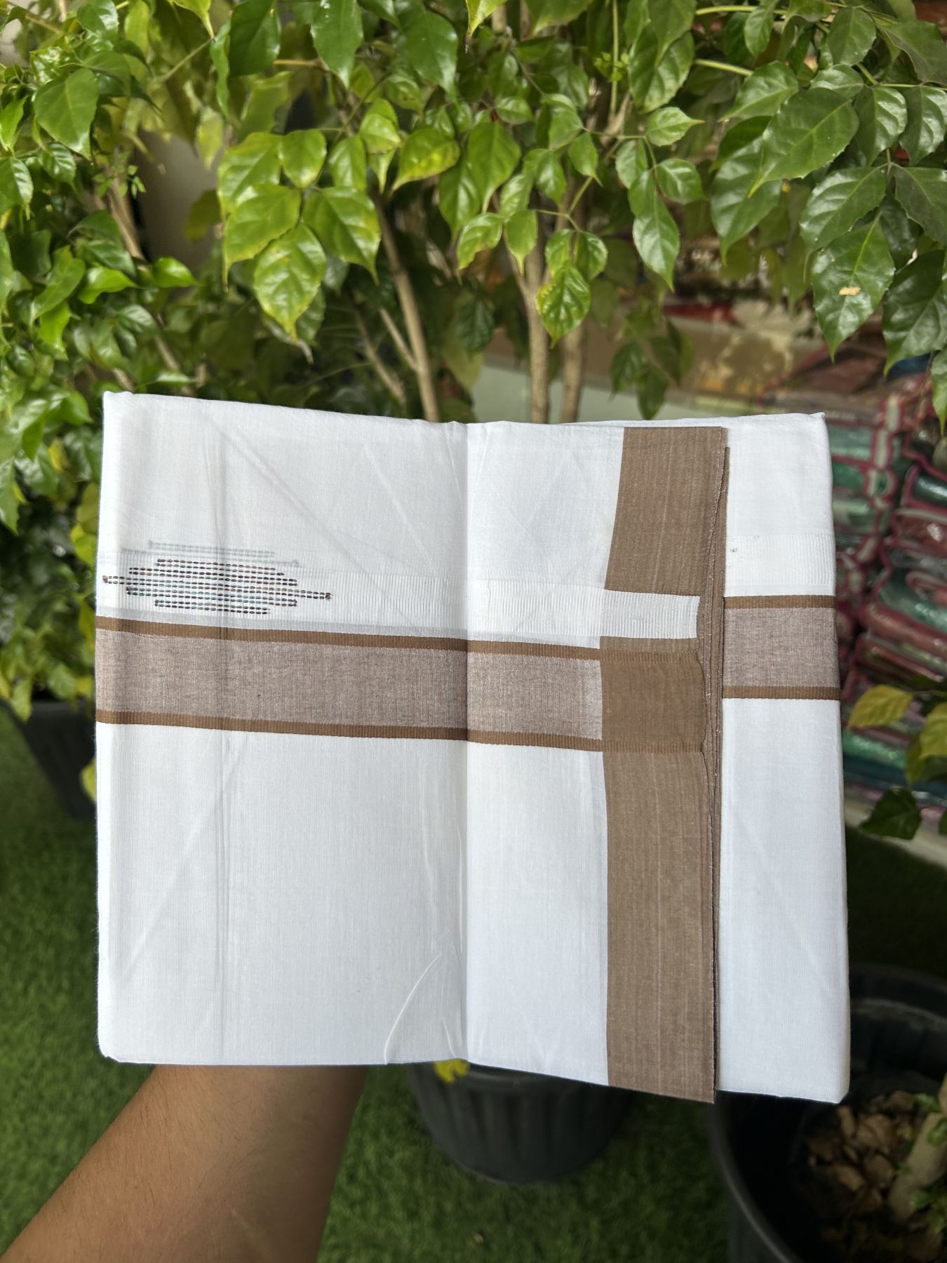 20% Discount ! Kaitharikada Balaramapuram 100% Cotton Pure White Double Mundu/Dothi - 100x80 - 1.5 inch Brown Stripes Design Kara 3.80 mtr (8 muzham) - 49 KK5319 THI