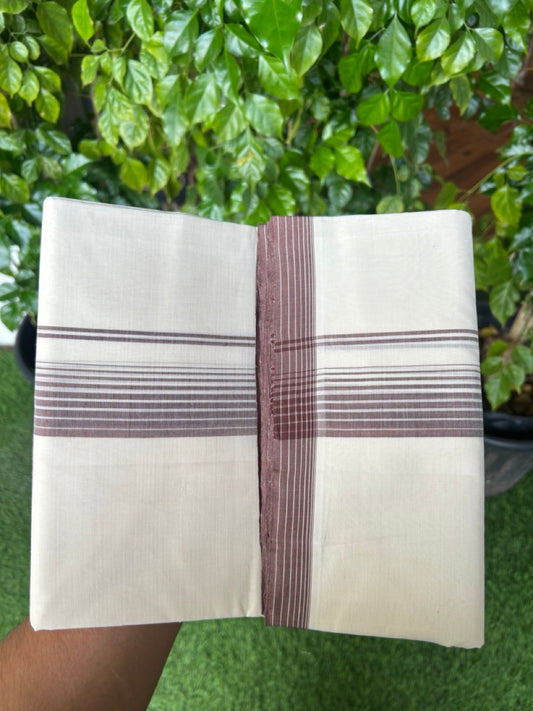 25% DISCOUNT!! KaithariKada HANDLOOM  UNAKKUPAAV Balaramapuram - 100% PURE Cotton OFF White - (Unbleached) Double Mundu/Dothi - 80X100 - 1.5 inch Brown Striped Kara 3.80 meter (8.5 Muzham) - 21KK5209 REA