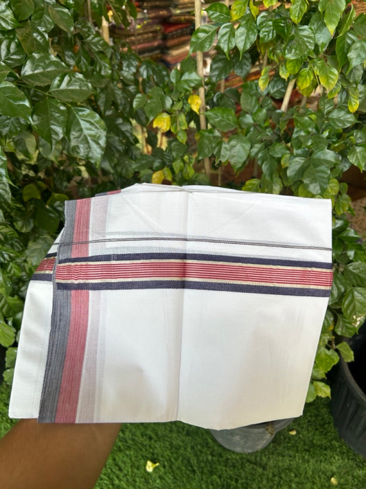 20% Discount ! KaithariKada Balaramapuram Double Pure White Mundu/Dhoti- 100x80 - 1.5 inch Silver Kasavu Navy Blue & Red striped kara 3.90 Mtr (8 Muzham) - 8 KK5282 PMC