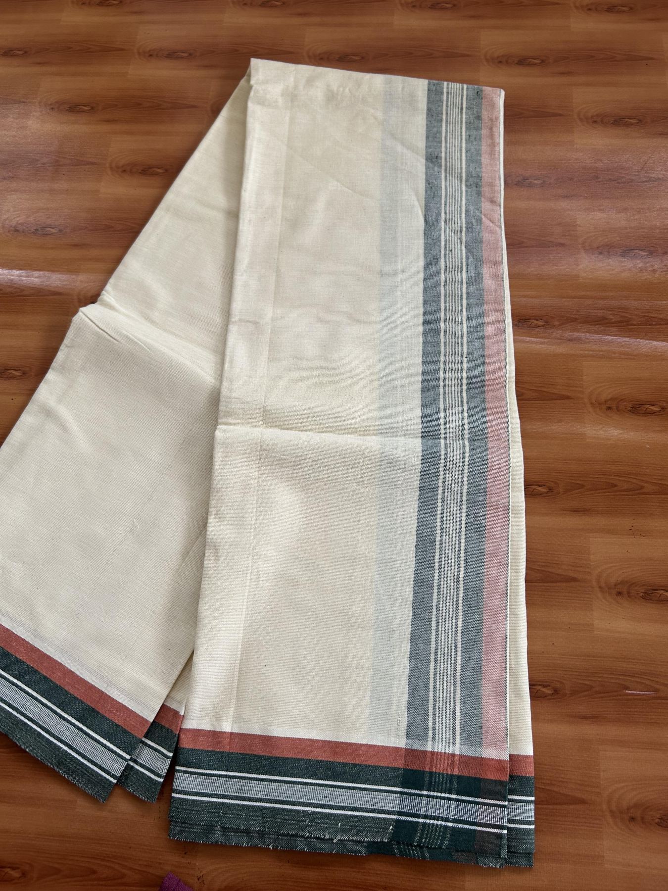 Kaitharikada - Pure Cotton Single Off White - (Unbleached) Kaily / Lungi -2/ 60s - 2.75 Inch Dark Green & Brownish Orange Striped  Kara with Off White colour body (2 meter / 4 muzham)- 9 KK8053 KUT