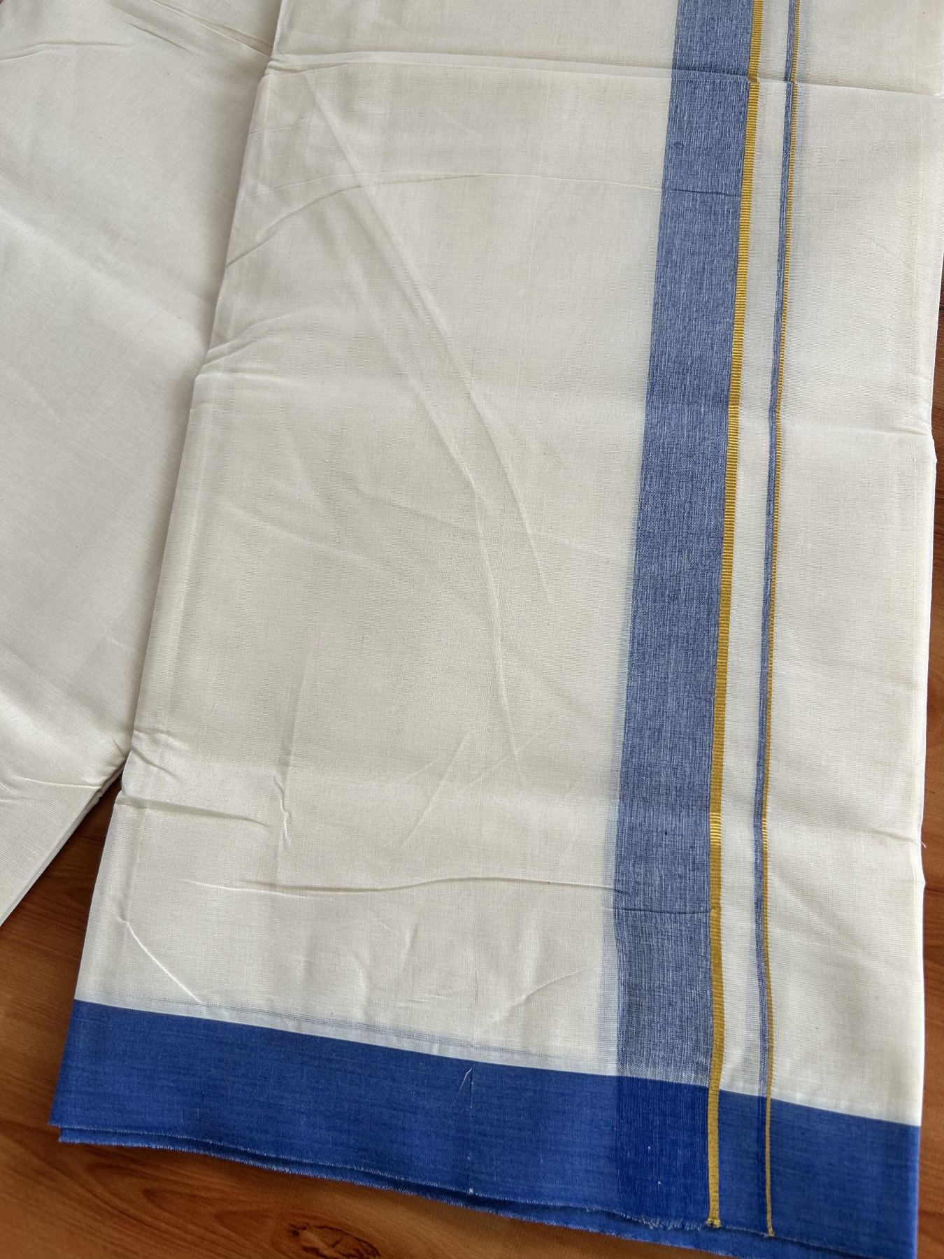 Double Off White (Unbleached) Mundu/Dhoti - 20% Discount! Kaitharikada Pure Cotton - 80x80 - 1.25 Inch Gold Kasav & Blue Shaded Kara 4 mtr (8.5 muzham) - 10 KK5465 MRH