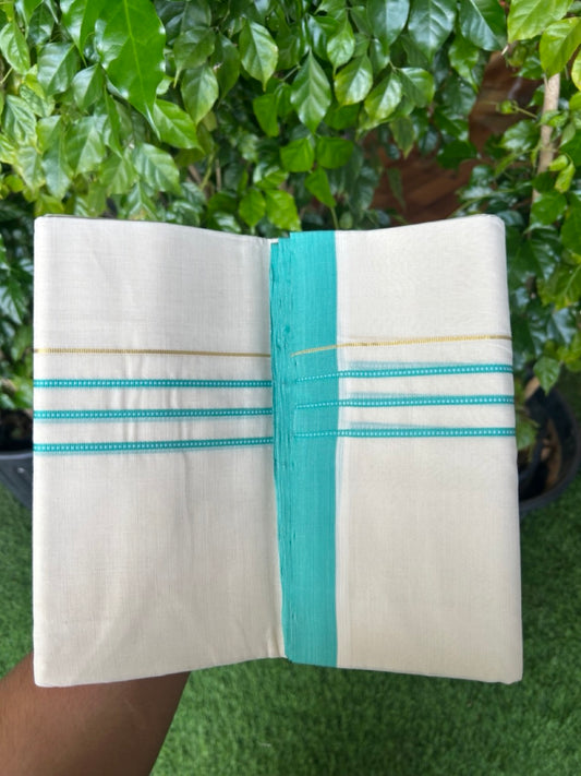 25% DISCOUNT!! KaithariKada HANDLOOM  UNAKKUPAAV Balaramapuram - 100% PURE Cotton OFF White - (Unbleached) Double Mundu/Dothi - 80x100 - PURE JERRY 1.25 inch Turquoise blue stripes pattern kara 3.80 meter (8.5 Muzham) - 20KK5209 REA