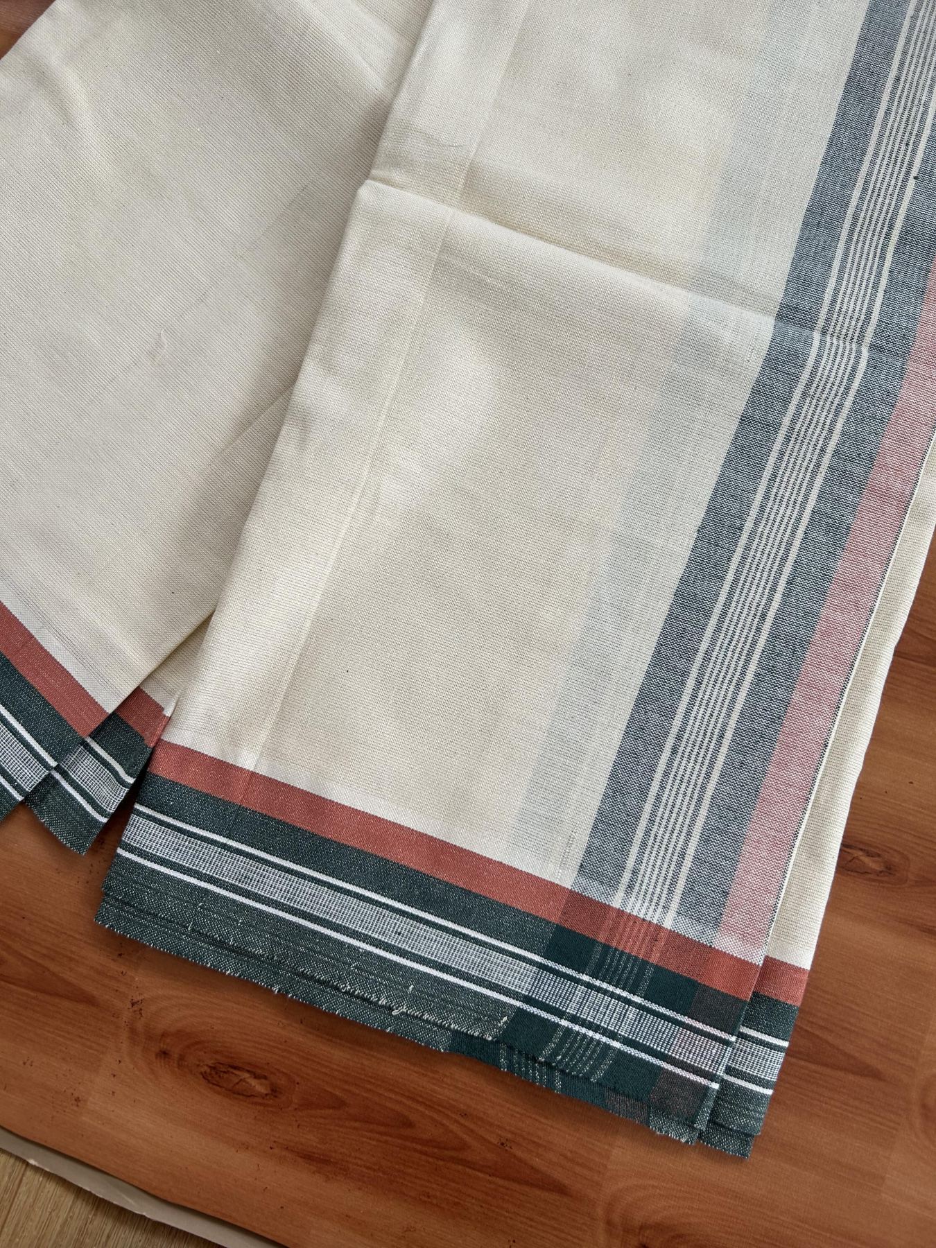 Kaitharikada - Pure Cotton Single Off White - (Unbleached) Kaily / Lungi -2/ 60s - 2.75 Inch Dark Green & Brownish Orange Striped  Kara with Off White colour body (2 meter / 4 muzham)- 9 KK8053 KUT