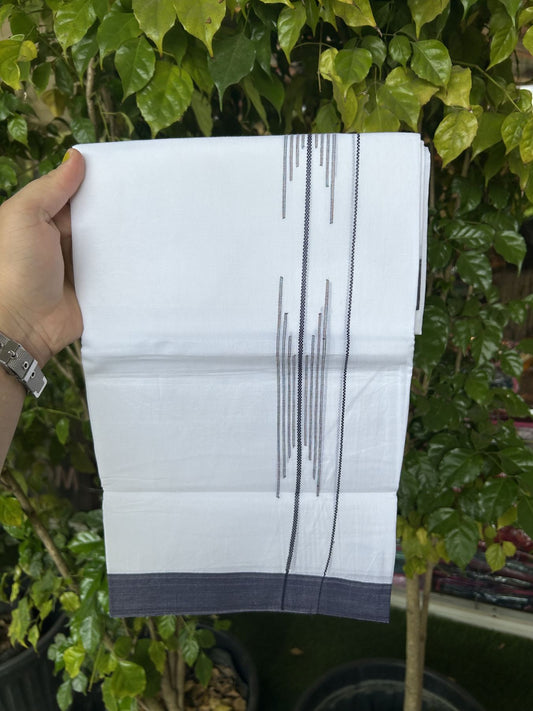 20% Discount ! Kaitharikada Balaramapuram 100% Cotton Pure White Double Mundu/Dothi - 100x80 - 1.5 inch Navy Blue Stripes Design Kara 3.80 mtr (8 muzham) - 20 KK5319 THI