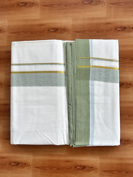 Double Off White (Unbleached) Mundu/Dhoti - 20% Discount! Kaitharikada Pure Cotton - 80x80 - 1.25 Inch Gold Kasav & Sage Green Shaded Kara 4 mtr (8.5 muzham) - 4 KK5465 MRH