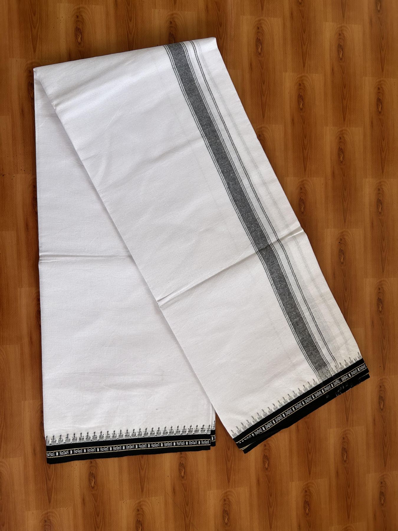 Premium Kathar Type Mercerised Pure Cotton Single Mundu Kaitharikada Special - Kaily / Lungi -2/ 40s - 1.75 inch Black Striped kara with White colour Body Kuppadam Border 2.25 mtr (4.82 muzham) - 5 KK8053 KUT