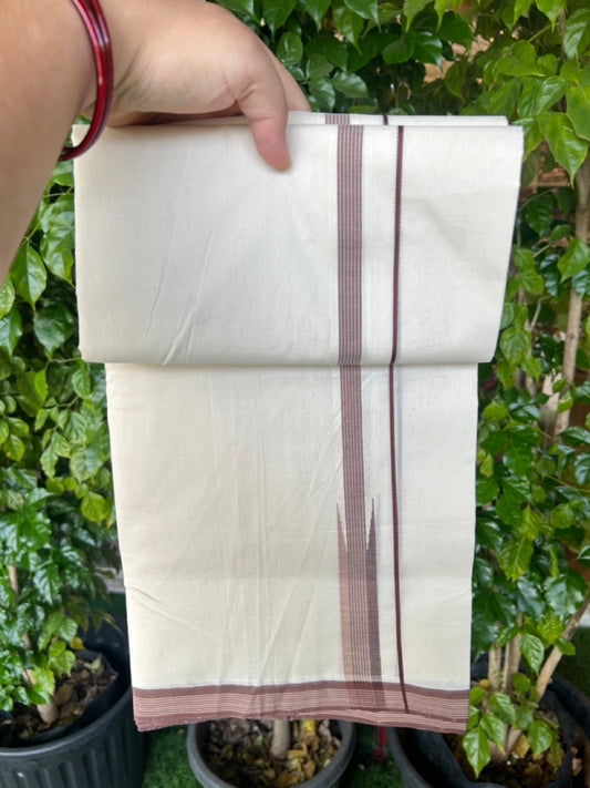 25% DISCOUNT!! KaithariKada HANDLOOM  UNAKKUPAAV Balaramapuram - 100% PURE Cotton OFF White - (Unbleached) Double Mundu/Dothi - 80X100 - 0.75 inch Puliyilakkara  Brown & Cream Tan Striped Chutty Kara 3.80 meter (8.5 Muzham) - 22KK5209 REA