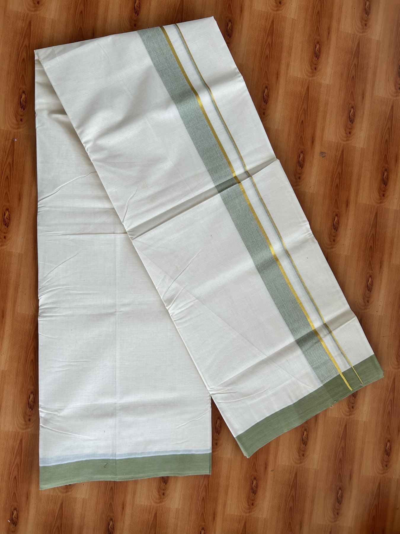 Double Off White (Unbleached) Mundu/Dhoti - 20% Discount! Kaitharikada Pure Cotton - 80x80 - 1.25 Inch Gold Kasav & Sage Green Shaded Kara 4 mtr (8.5 muzham) - 4 KK5465 MRH