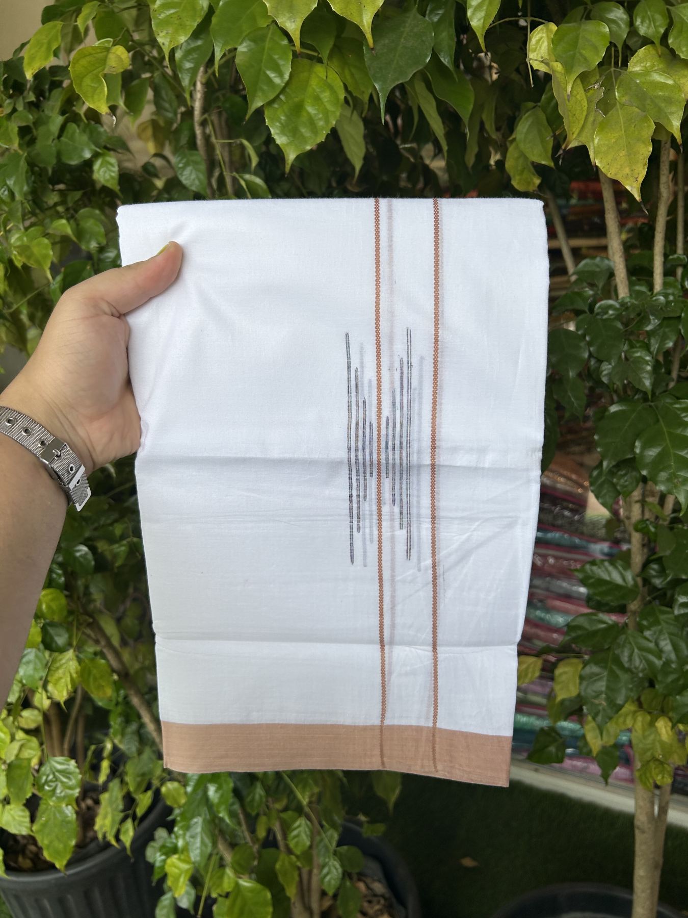 20% Discount ! Kaitharikada Balaramapuram 100% Cotton Pure White Double Mundu/Dothi - 100x80 - 1.5 inch Light Brownish Orange & Multi Colour Stripes Design Kara 3.80 mtr (8 muzham) - 26 KK5319 THI