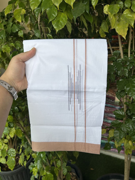20% Discount ! Kaitharikada Balaramapuram 100% Cotton Pure White Double Mundu/Dothi - 100x80 - 1.5 inch Light Brownish Orange & Multi Colour Stripes Design Kara 3.80 mtr (8 muzham) - 26 KK5319 THI