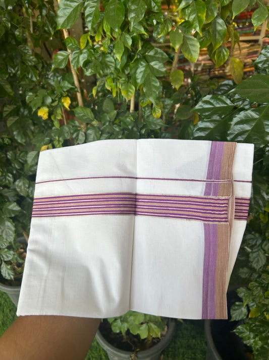 21% Discount!! KaithariKada Balaramapuram 100% Cotton Single Pure White Mundu/Dhoti - 100X80 - 1.25 inch Silver Kasav Purple & Brown Stripes kara 1.90 mtr (4 muzham) - 24 KK5282 PMC