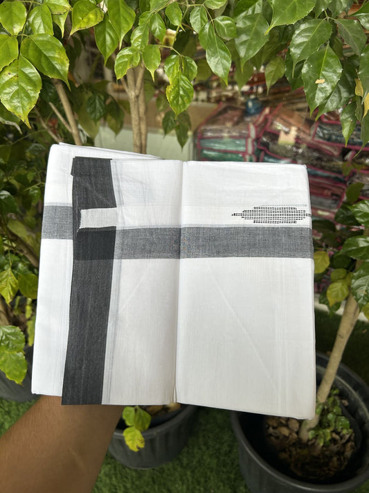 20% Discount ! Kaitharikada Balaramapuram 100% Cotton Pure White Double Mundu/Dothi - 100x80 - 1.5 inch Black Stripes Shaded Design Kara 3.80 mtr (8 muzham) - 41 KK5319 THI