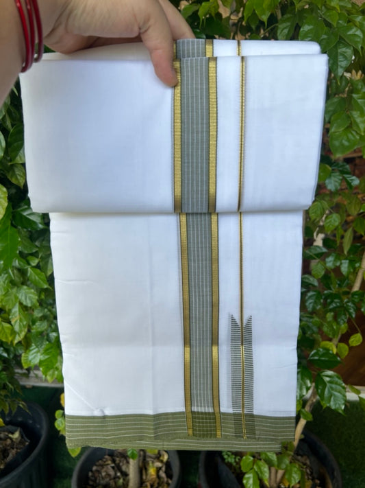 25% Discount!! NEW ULTRA PURE WHITE HANDLOOM Balaramapuram - 100% Mercerised Cotton Double Mundu/Dhoti - 120 twisted warp x 80s weft - 1.5 inch Puliyilakkara Gold Kasavu & Sage Green Striped Chutty Kara- 9KK5209 REA