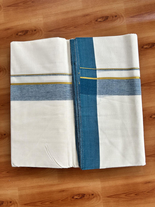 Double Off White (Unbleached) Mundu/Dhoti - 20% Discount! Kaitharikada Pure Cotton - 80x80 - 1.25 Inch Gold Kasav & Peacock Green Shaded Kara 4 mtr (8.5 muzham) - 12 KK5465 MRH