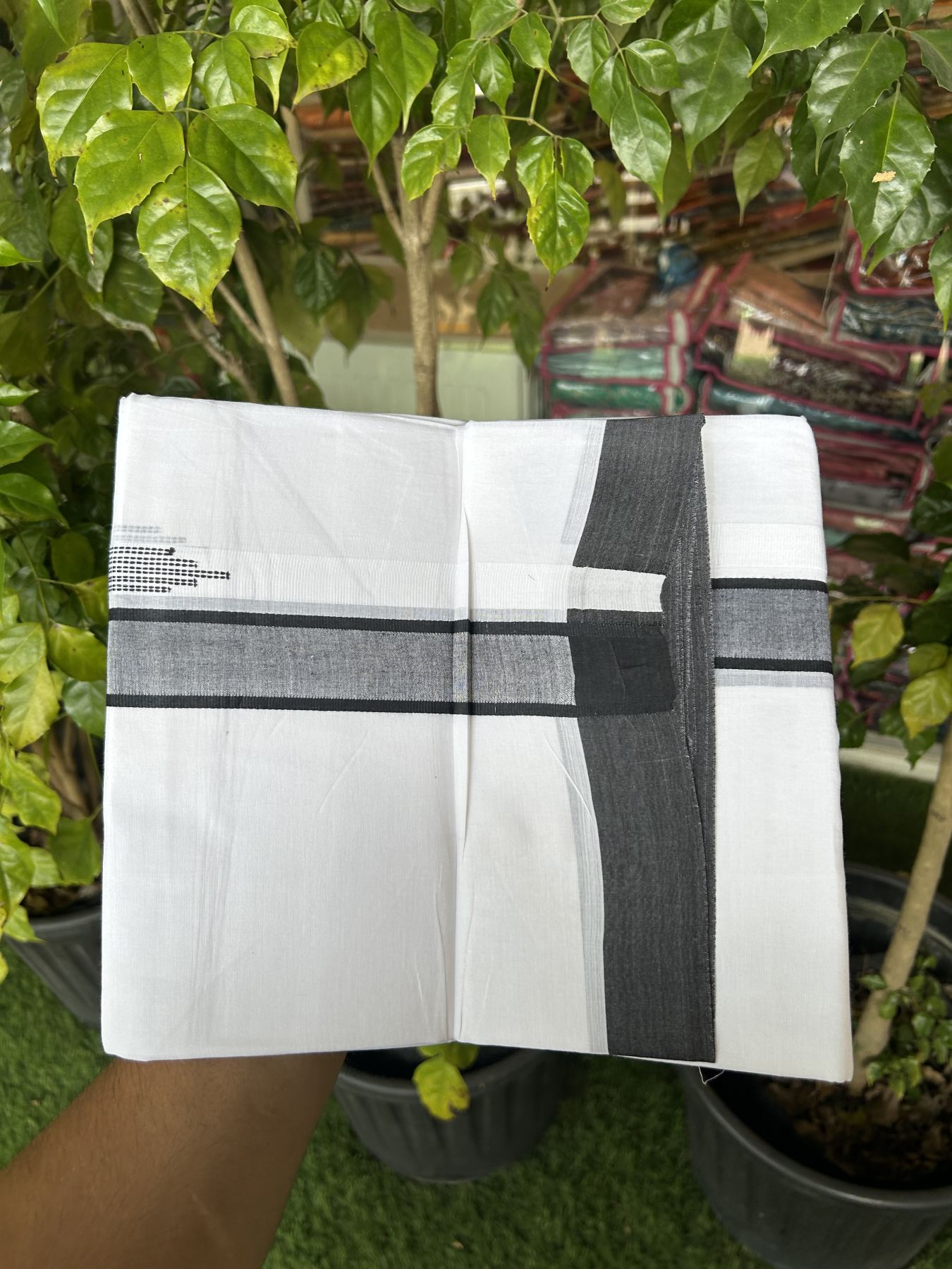 20% Discount ! Kaitharikada Balaramapuram 100% Cotton Pure White Double Mundu/Dothi - 100x80 - 1.5 inch Black Stripes Design Kara 3.80 mtr (8 muzham) - 45 KK5319 THI