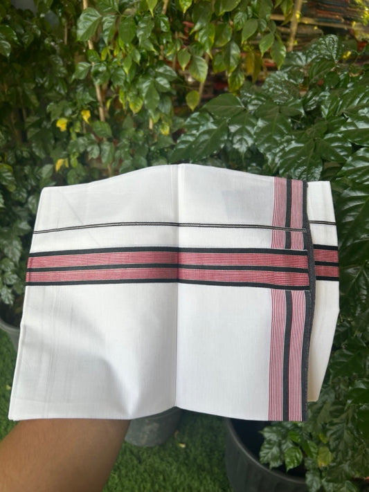 21% Discount!! KaithariKada Balaramapuram 100% Cotton Single Pure White Mundu/Dhoti - 100X80 - 1.5 inch Silver Kasav Black & Maroon Stripes kara 1.90 mtr (4 muzham) - 21 KK5282 PMC