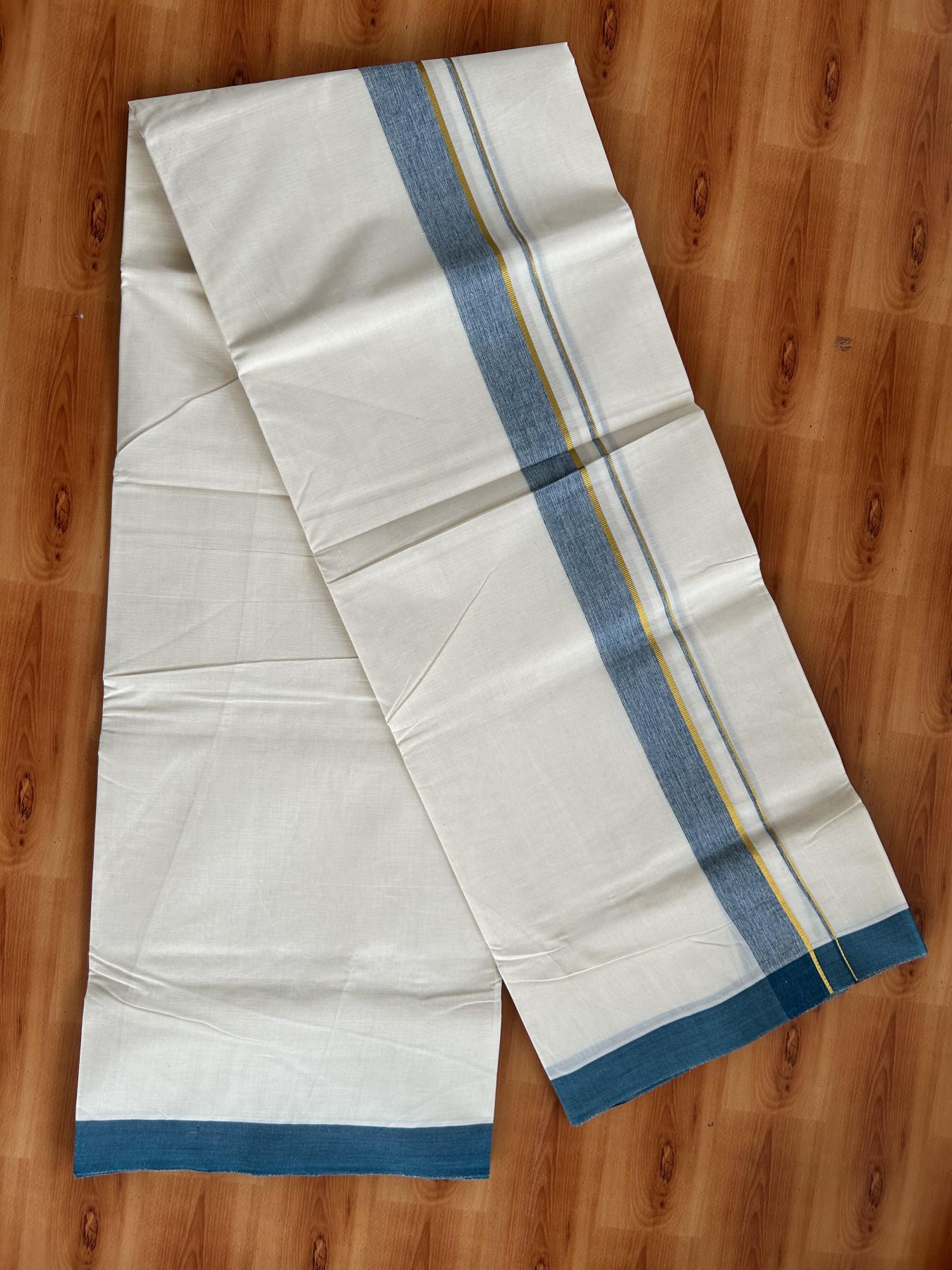Double Off White (Unbleached) Mundu/Dhoti - 20% Discount! Kaitharikada Pure Cotton - 80x80 - 1.25 Inch Gold Kasav & Peacock Green Shaded Kara 4 mtr (8.5 muzham) - 12 KK5465 MRH