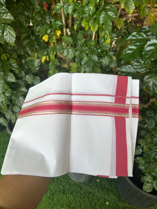 18% Discount!! KaithariKada Balaramapuram 100% Cotton Single Pure White Mundu/Dhoti - 100X80 - 1.25 inch Silver Kasav Reddish Pink Stripes kara 1.90 mtr (4 muzham) - 17 KK5282 PMC