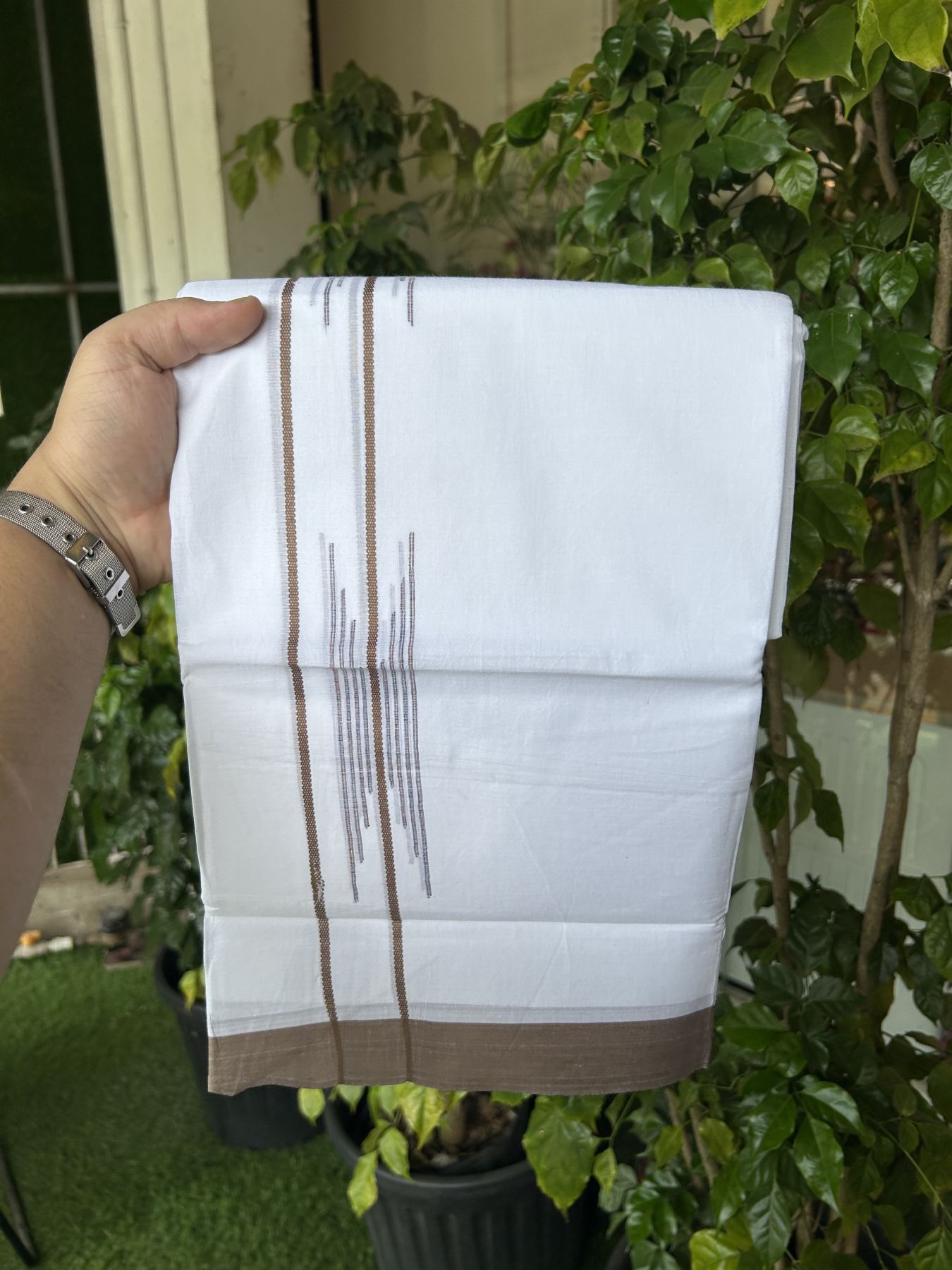 20% Discount ! Kaitharikada Balaramapuram 100% Cotton Pure White Double Mundu/Dothi - 100x80 - 1.5 inch Dark Brown & Multi colour Stripes Design Kara 3.80 mtr (8 muzham) - 21 KK5319 THI