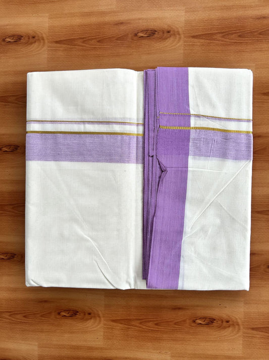 Double Off White (Unbleached) Mundu/Dhoti - 20% Discount! Kaitharikada Pure Cotton - 80x80 - 1.25 Inch Gold Kasav & Pinkish Voilet Shaded Kara 4 mtr (8.5 muzham) - 6 KK5465 MRH